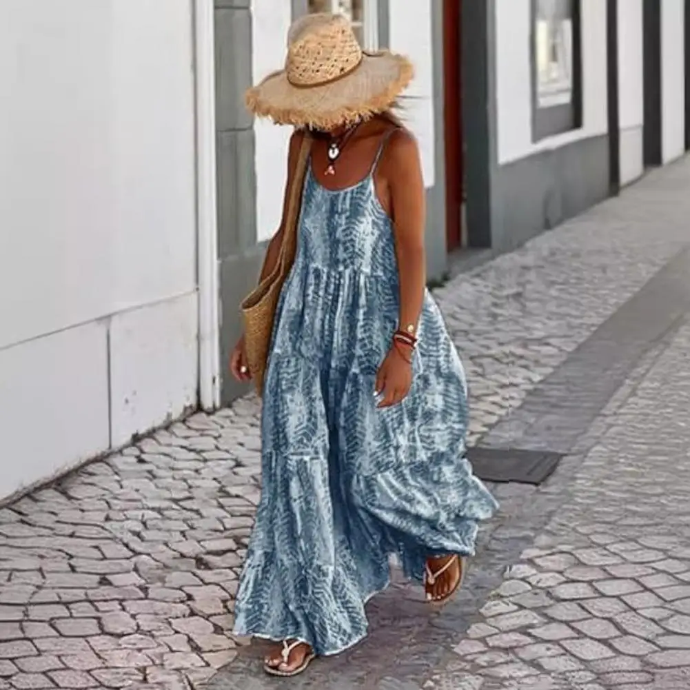 

Backless Beach Maxi Dress Bohemian Tie-dye Maxi Dress with Low-cut Back Patchwork Hem Summer Vacation Beach Sundress for Women