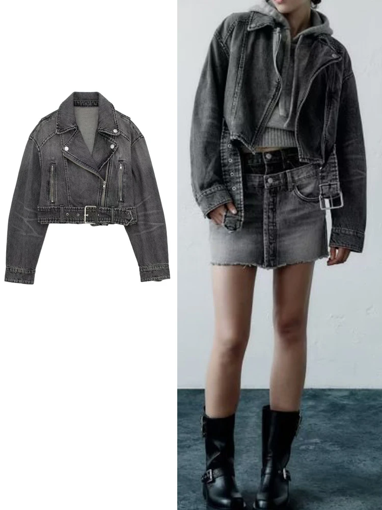 

TRAF Winter Women's Fashion With Belt Denim Jacket Coats New Autumn Female Casual High Street Long Sleeves Denim Coats