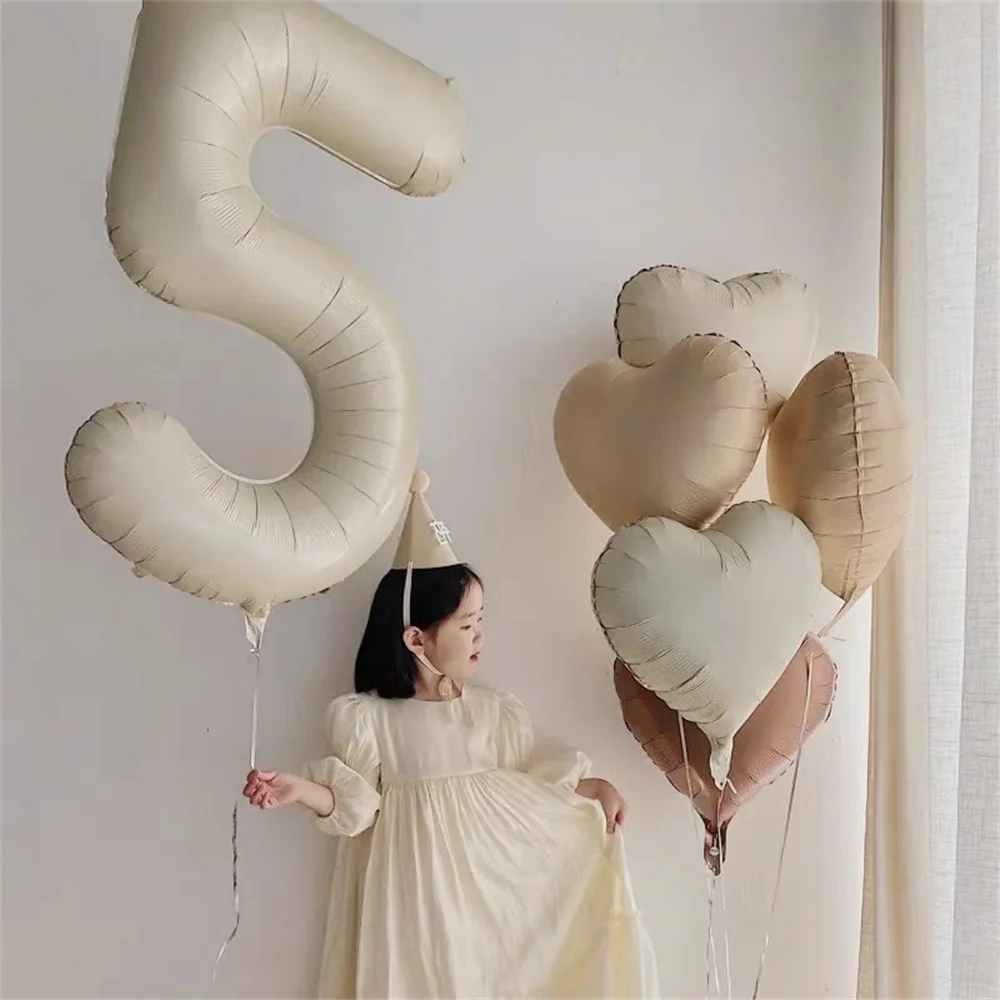 6Pcs Retro Caramel Beige Cream Number Foil Balloons 18inch Heart Balloons foil number balloons foil balloons birthday balloons birthday balloon set party balloon set birthday party decoration set Kids 1 2 3th Birthday Baby Shower Party Decoration