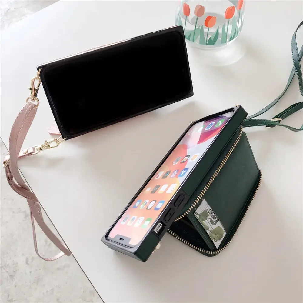 Elegant Zipper Wallet Crossbody Leather Case with Long Lanyard
