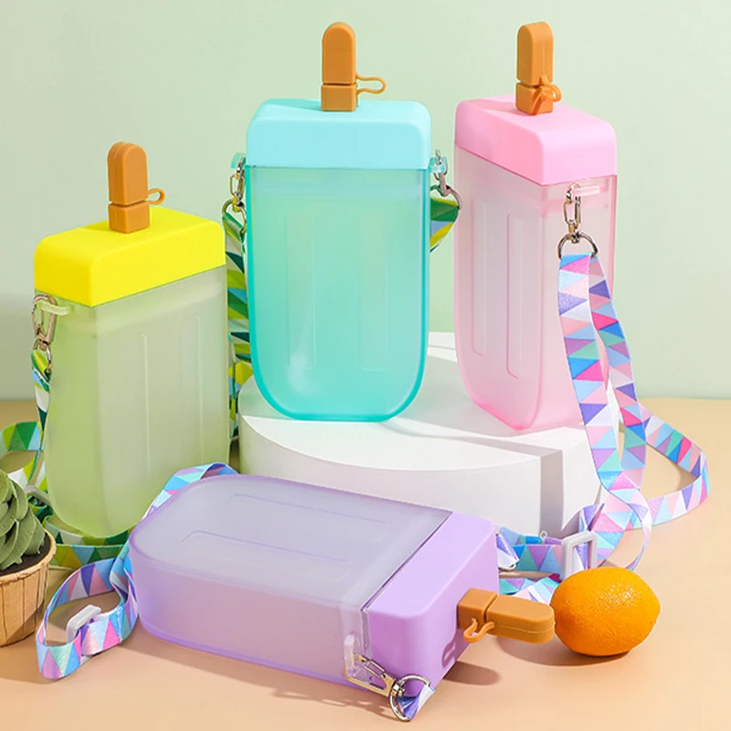 Cute Popsicle Straw Cup with Strap - 300ml Portable Plastic Water Bottle