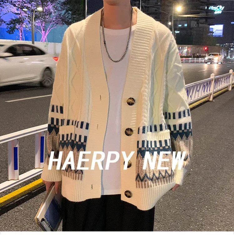 Versatile Korean Style Fall Winter New Men's Sweater Idle Thickened Knitted Top Couple Casual Color Block Cardigan Jacket