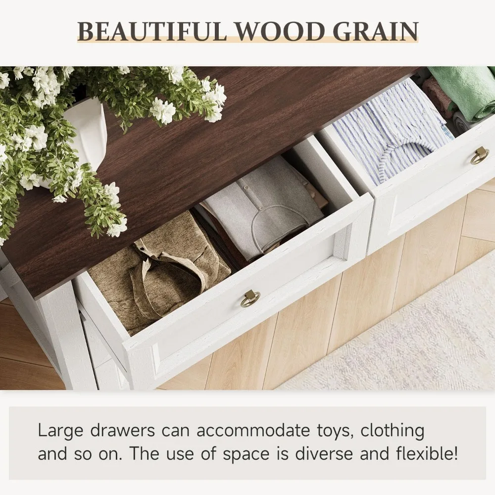 54'' Farmhouse 7 Drawer Dresser for Bedroom, Rustic White Dresser with Barn-Door Design, Spacious Tabletop & Round Brass Handles 5