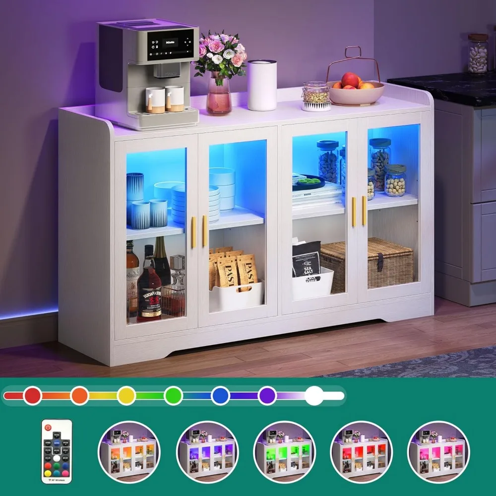 DWVO 55 Inch Home Bar Cabinet With LED Lights – Adjustable Shelves, 4 Acrylic Doors, Multipurpose Liquor & Coffee Bar For Kitchen, Living Room, White