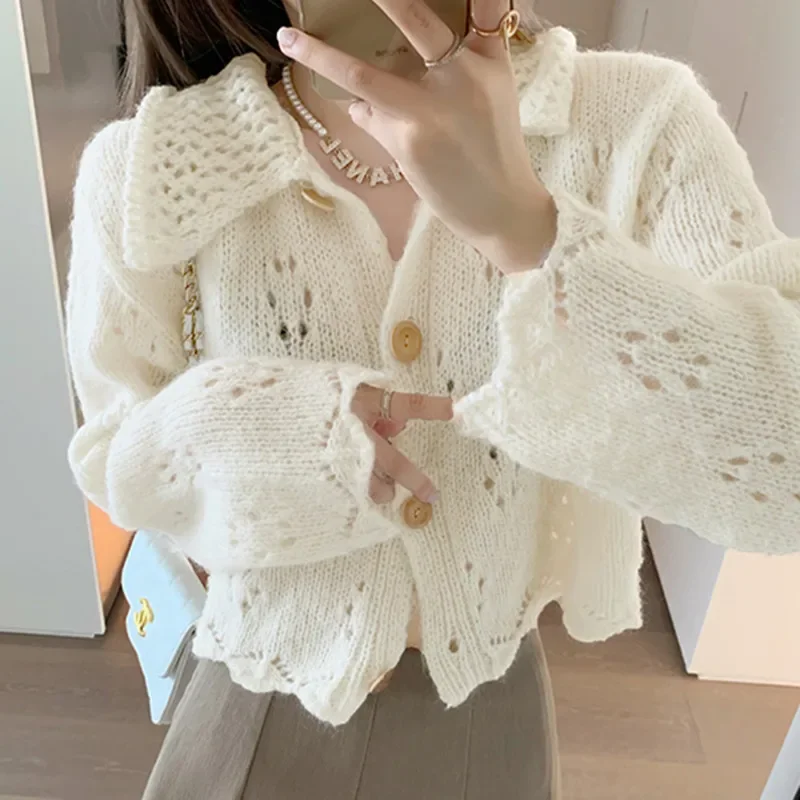 New Autumn and Winter Lapel Women's Long-sleeved Cardigan Sweater Fashionable and Elegant Single-breasted Solid Color Blouse