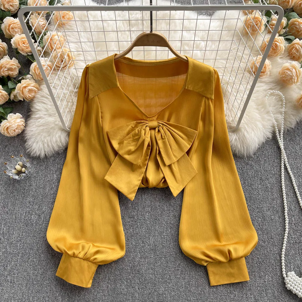 

Bow Low Neckline Exposed Clavicle Long Sleeve Thin Shirt Women's 2022 Summer Loose Thin Gloss Solid Color Top