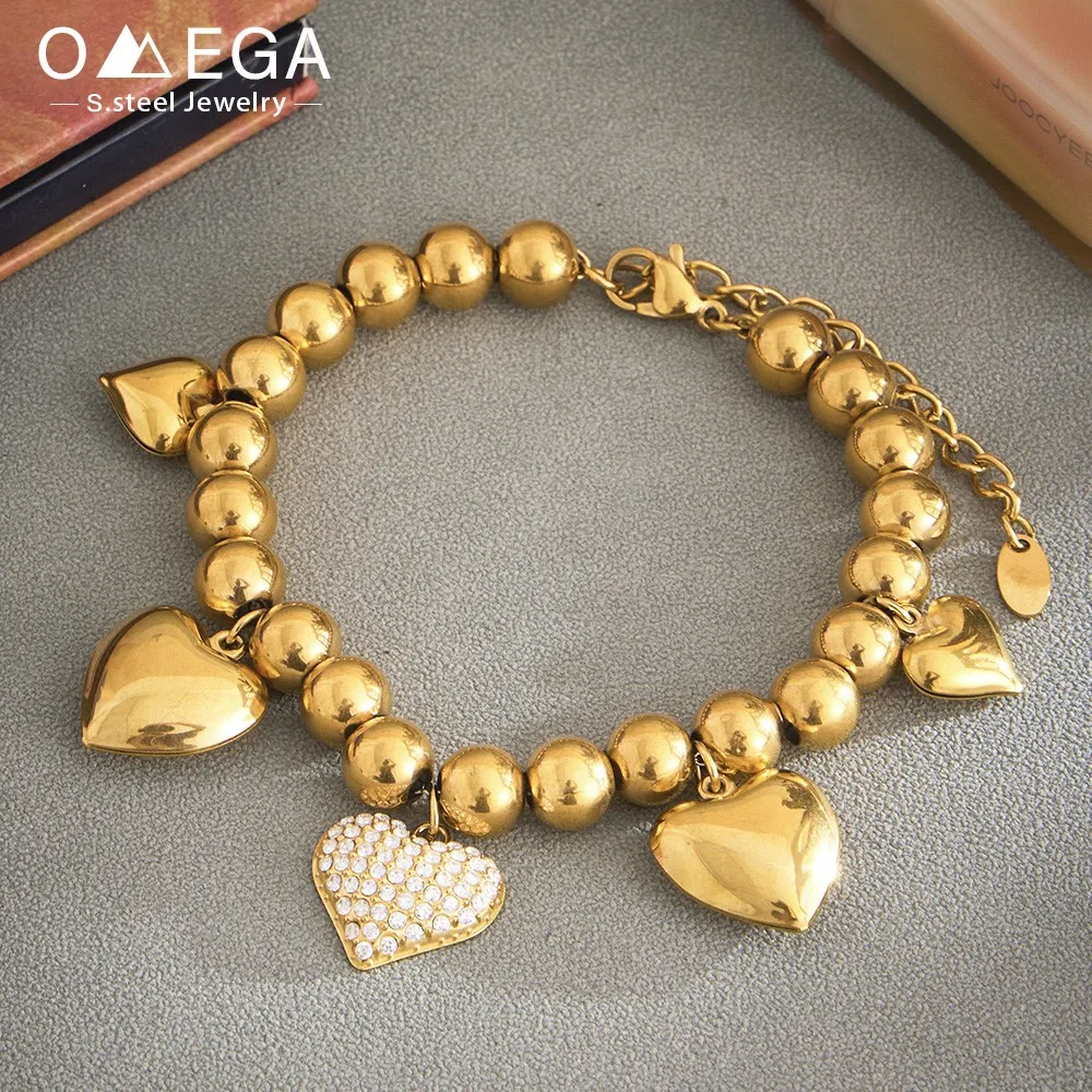 888-86ab4d.jpg Stainless Steel 8mm Ball Chain Bracelet For Women 18k Gold Plated Waterproof Non Tarnish Beaded Bracelets Heart Charm Bracelet - Image 1