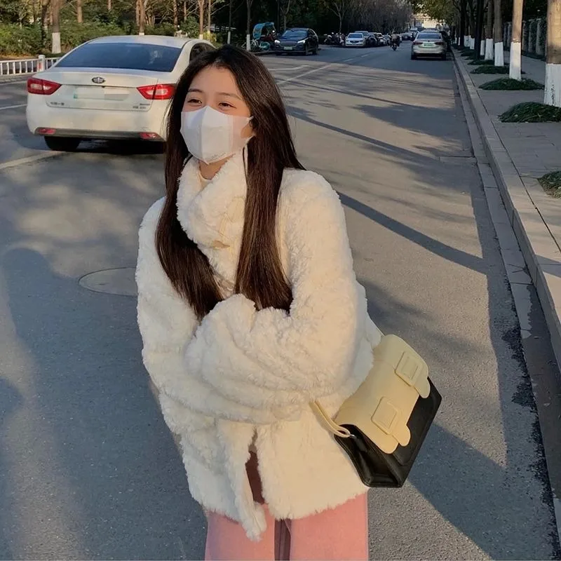 2023 New Lamb Plush Coat Women's Winter Versatile Casual Standing Collar Plush Thickened Faux Fur Coat
