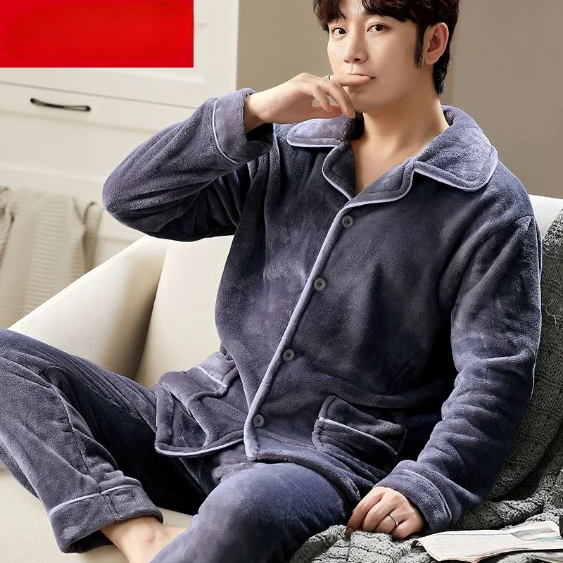 New Men Autumn Winter Sleepwear Warm Thickened Pajamas Set Flannel Soft Casual Nightwear Long Pants Homewear Mens Pajamas