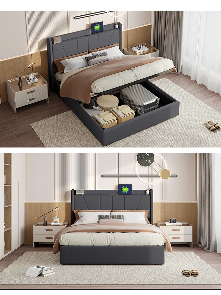 Creahappy – Polsterbett 160 x 200 cm, Doppelbett mit USB-Anschlüssen und Stauraum, Grau, Leinenstoff – Detail 1