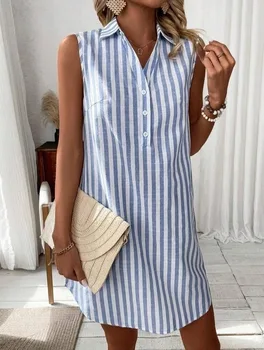 Women's Summer New Sleeveless V-Neck Button Striped Shirt Dress, Casual Short Daily Wear,  Comfortable Fashion 1