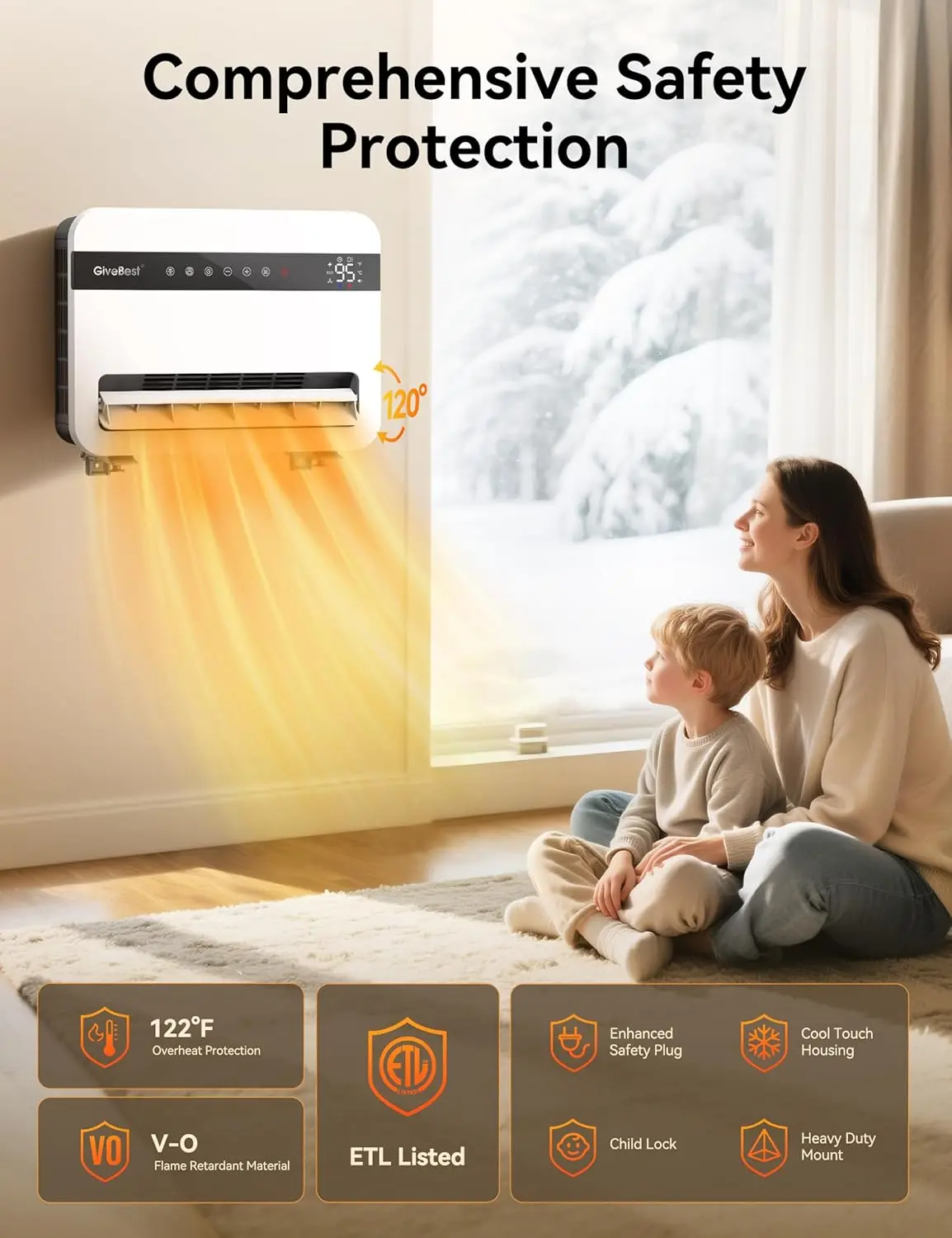 -Wall-Heater-for-Indoor-Use, 1500W Electric-Space-Heater, 120°Vertical Oscillation,Compatible with Alexa, Adjustable Thermostat