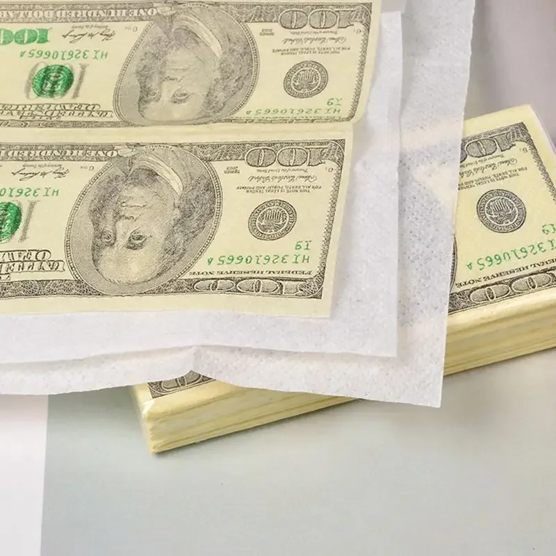 Description Picture 6 of item9 Sheets/Pack Funny Dollar Pattern Tissue Paper Disposable Towel Pure Wood Portable Money Napkin Handkerchief Party Tableware