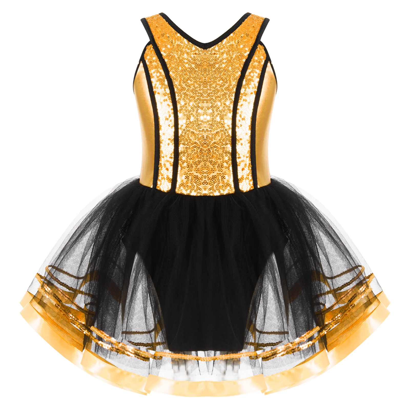 #6-16 Years Kids Girls Ballet Dance Leotards Dress Sleeveless Shoulder Straps V Neck Shiny Sequins Tutu Mesh Skating Dance Dress