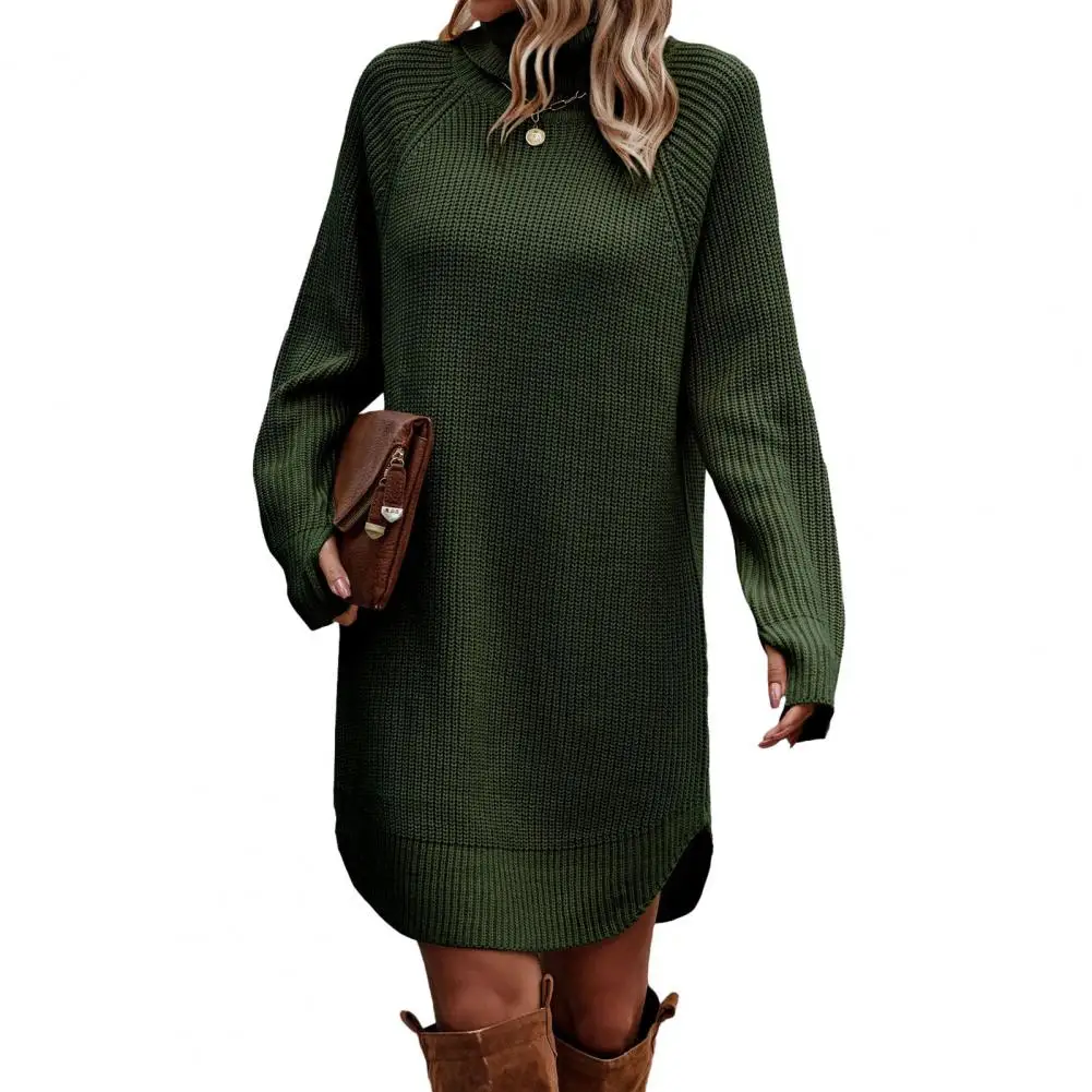 

Autumn Winter Women Dress Turtleneck Long Sleeve Knitting Dress Side Split Hem Solid Color Ribbed Mini Sweater Dress Streetwear
