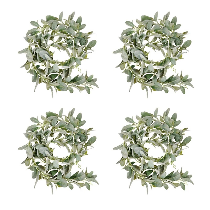 

4X Artificial Flocked Lambs Ear Garland - 2Meter Soft Faux Vine Greenery And Leaves For Farmhouse Mantel Decor