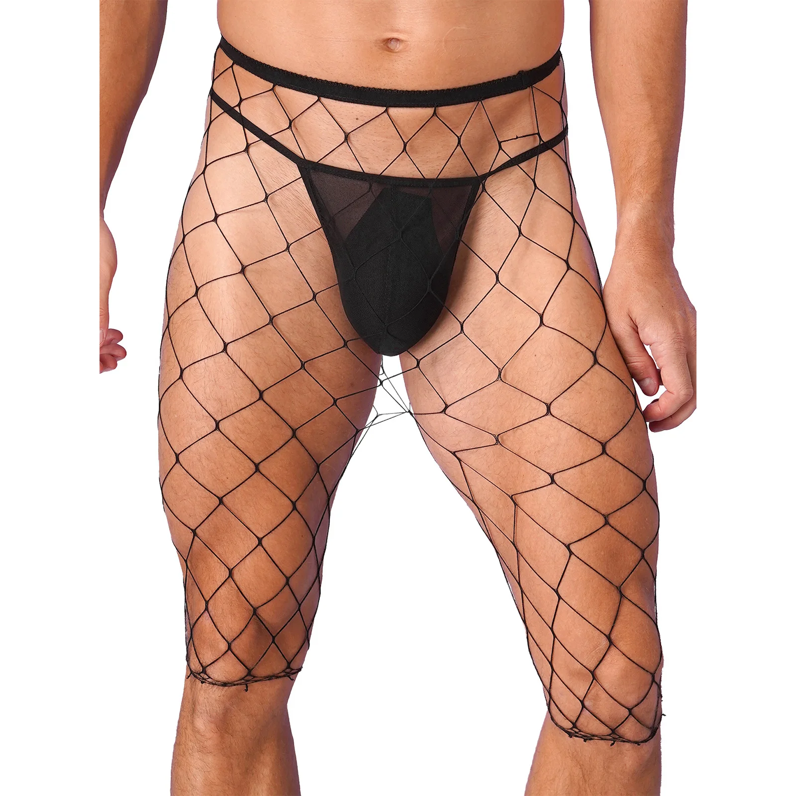 Mens Fishnet Mesh See-through High Waist Knee Length Stretchy Leggings for Pool Party Rave Nightclub Nightwear men underwear,men leggings