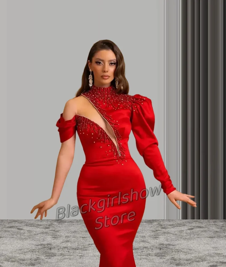 

Prom Dresses Red Evening Gown Party Formal New Custom Plus Size Zipper Mermaid Satin Long Sleeve Sweep Train High Neck