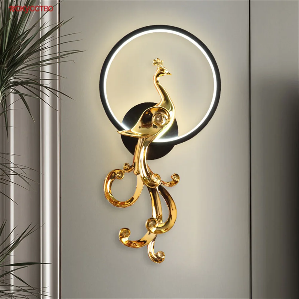 

Art Deco Gold Silver Plating Resin Peacock Ring Led Wall Lamp For Living Room Hallway Luxury Aisle Sconce House Light Fixtures