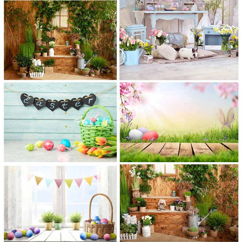 

Spring Easter Photography Backdrop Rabbit Flowers Eggs Wood Board Photo Background Studio Props 2021318FH-01