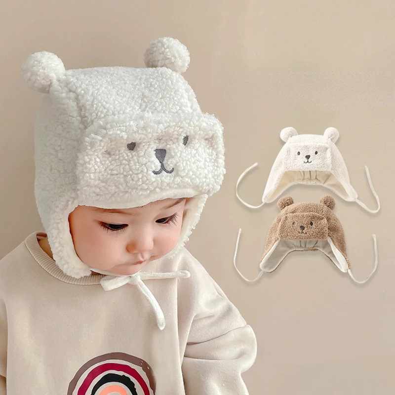 

Cute Bear Baby Hat with Earflap Winter Warm Lamb Wool Infant Beanie Cap Solid Color Cartoon Ears Toddler Ear Protection Caps