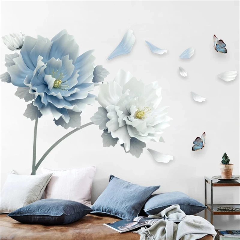 

Large White Blue Flower Lotus Butterfly Removable Wall Stickers 3D Wall Art Decals Home Decor Mural Art for Living Room Bedroom