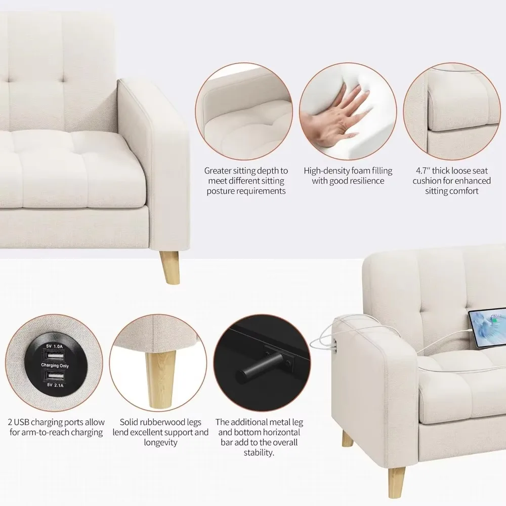 Fabric Sofa Loveseat with USB Port Mid-Century Modern W Sofa with Solid Wood Legs, Living Room Apartment Bedroom Office