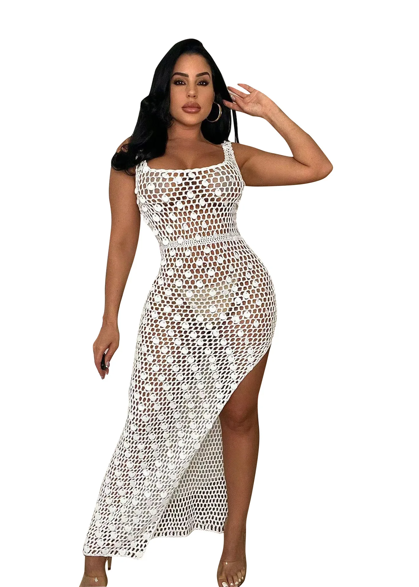 Kendny Robe longue en tricot côtelé à paillettes pour femmes évider voir à travers le maillot de bain couverture de vêtements de plage en club robes maxi sexy robe Y2K 2023 11
