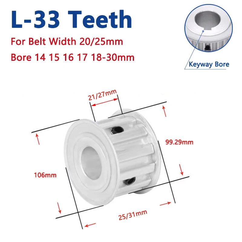 

1pc 33 Teeth L Timing Pulley 33T Aluminium Synchronous Wheel for Belt Width 20/25mm Bore 14 15 16 17 18 19 20 22 24 25 28 30mm