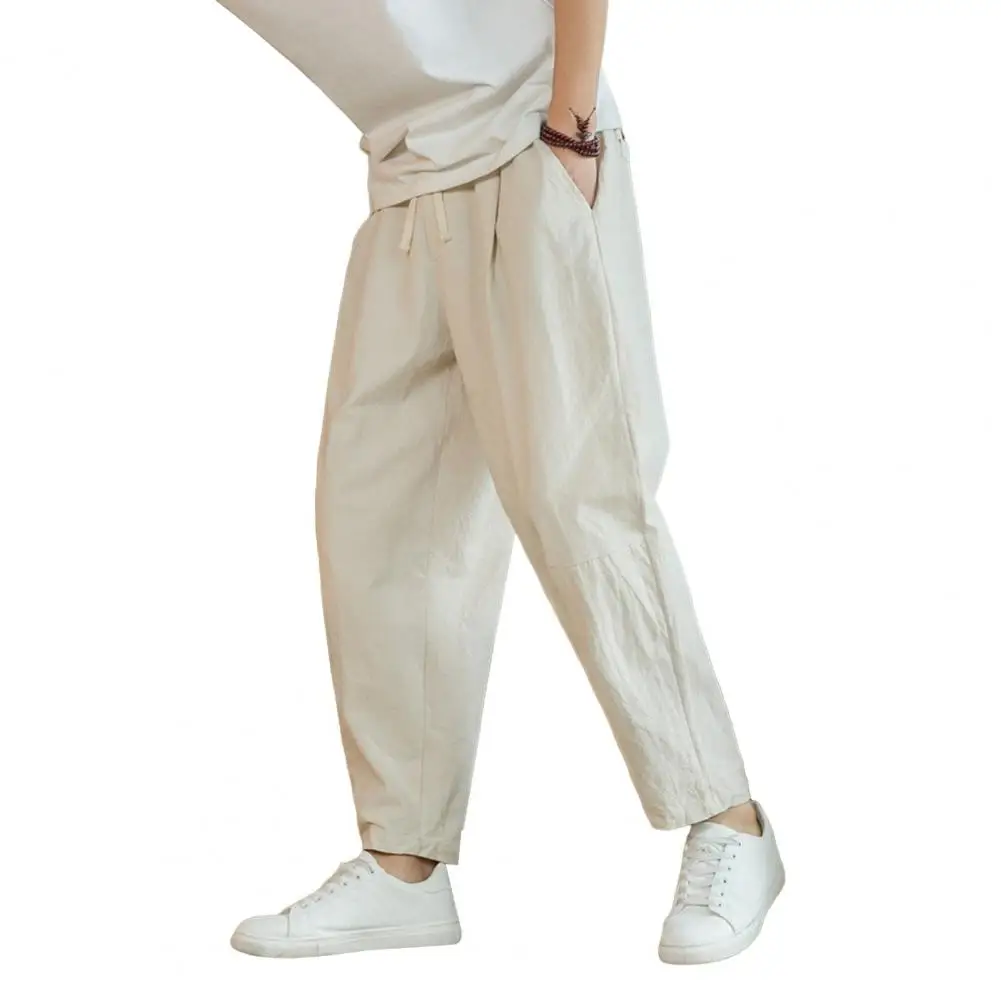 Description Picture 2 of itemMen Pants Solid Color Loose Straight Drawstring Elastic Waist Pockets Trousers Ankle Length Casual Sweatpants Long Trousers