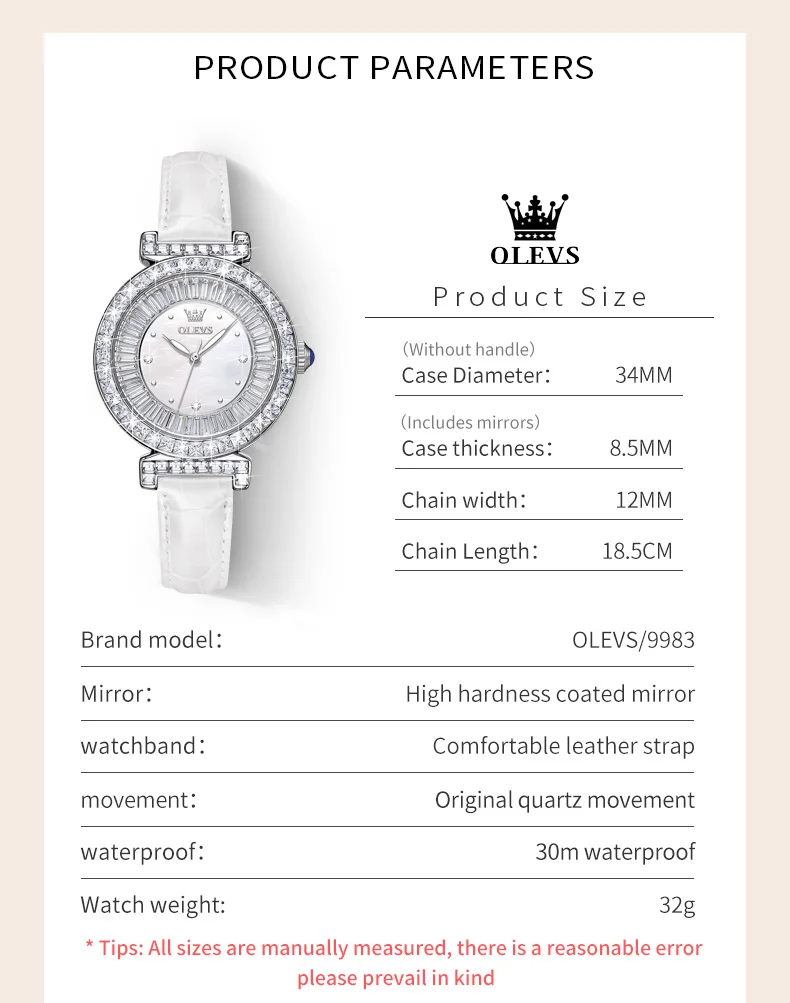 OLEVS 9983 Full Diamond Quartz Watch for Women Leather Strap Waterproof Luminous Clock Luxury Elegant  Ladies Dress Wristwatches 6