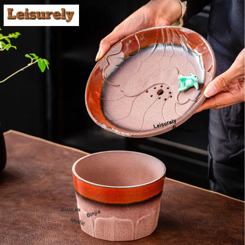1100ML Coarse Pottery Old Rock Clay Lotus Jianshui Tea Wash Tea Residue Bucket Tea Garbage Can Household Chaxi Accessories Craft