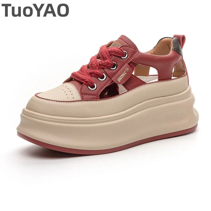 

7cm Cow Genuine Leather Sneakers Women Casual Platform Wedge Hidden Heel Summer Shoes Chunky Sneakers Fashion Hollow Sandals
