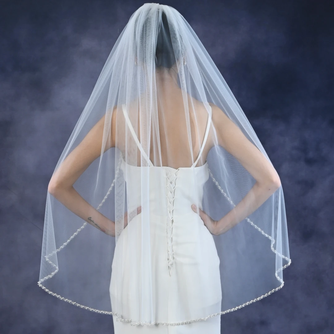 Hand sewn crystal and pearl veil Beaded Edge Fingertip Veil Fully Trimmed with Ivory Pearl  main image 2