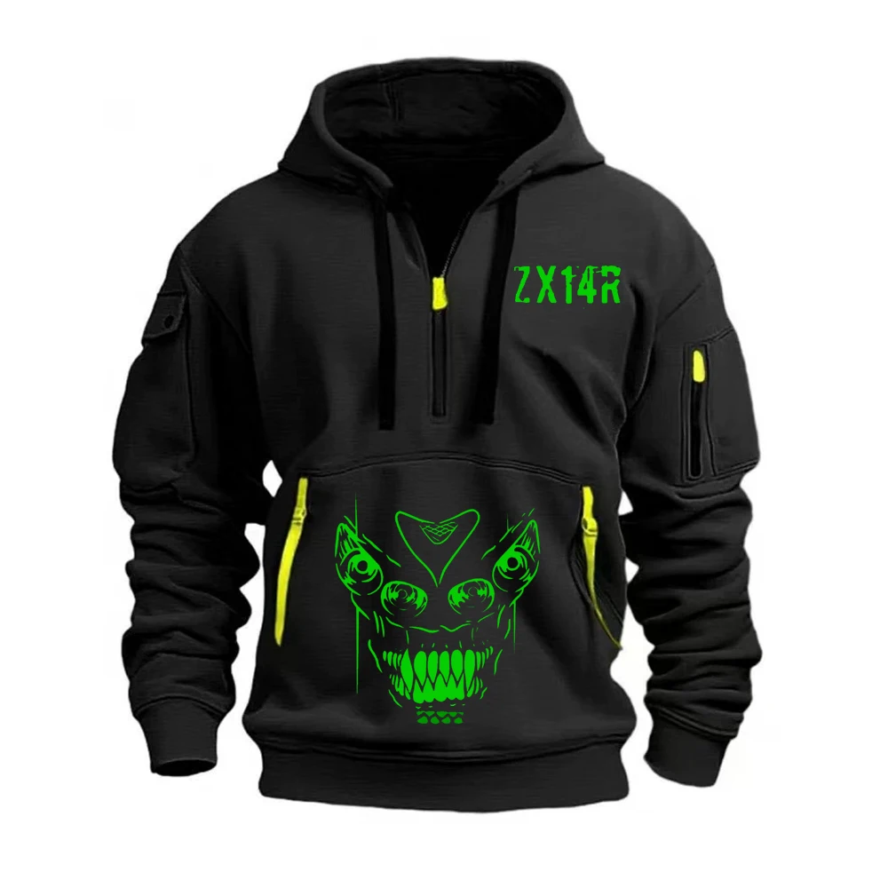 【MORE THAN BLACK】LOGO HOOD JACKET Kawasaki ZX14R Logo Green Men's Half Zipper Hoodie Spring