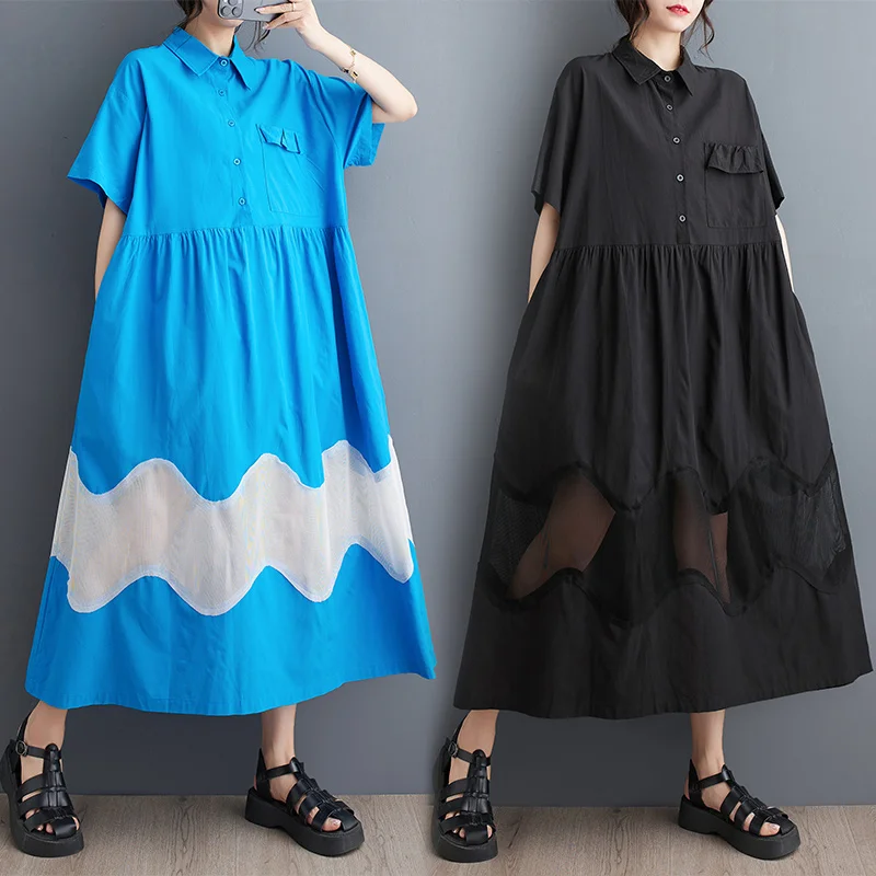 #3637 Summer Black Blue Long Shirt Dress Women Split Joint Mesh Print A-line Shirt Dress Turn-down Cullar Buttons Loose Pockets