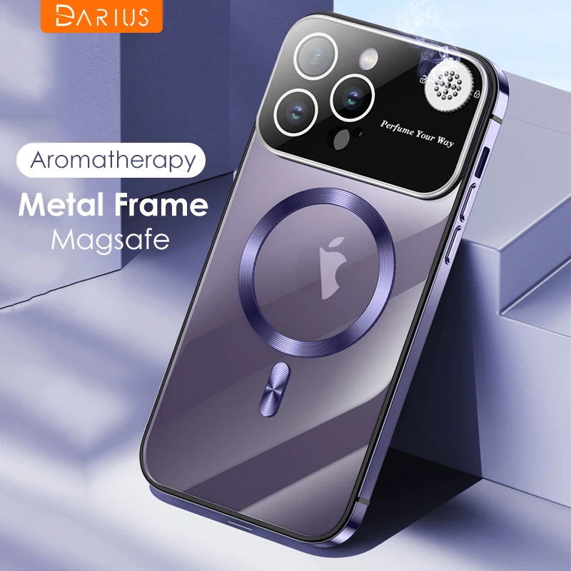 

Luxury Magsafe Magnetic Metal Frame Phone Case For iPhone 13 14 15 Pro Max Lens Protection Shell Aromatherapy Transparent Cover