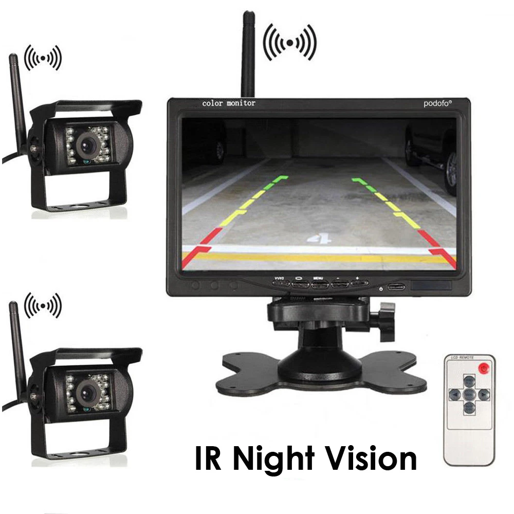 Podofo 7 Pollici Tft Lcd Monitor Wireless Wireless Ir Visione Notturna Ip67 Telecamera Retromarcia Impermeabile 2 Ingressi Video Cruscotto