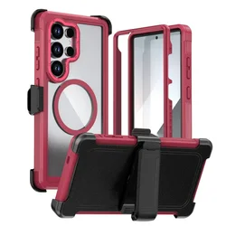 Military Grade Magnetic Case with Built - in Kickstand & Belt Clip Cover (3 in 1) - Galaxy S26 Plus (Red with Clip)