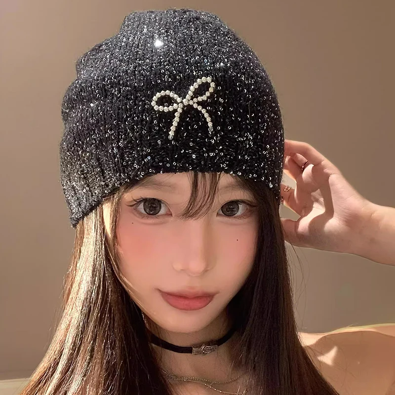 Gorro De Invierno Con Brillantes IYOU - Lana, Con Máscara A Juego, Negro Brillante, Talla única Elástica