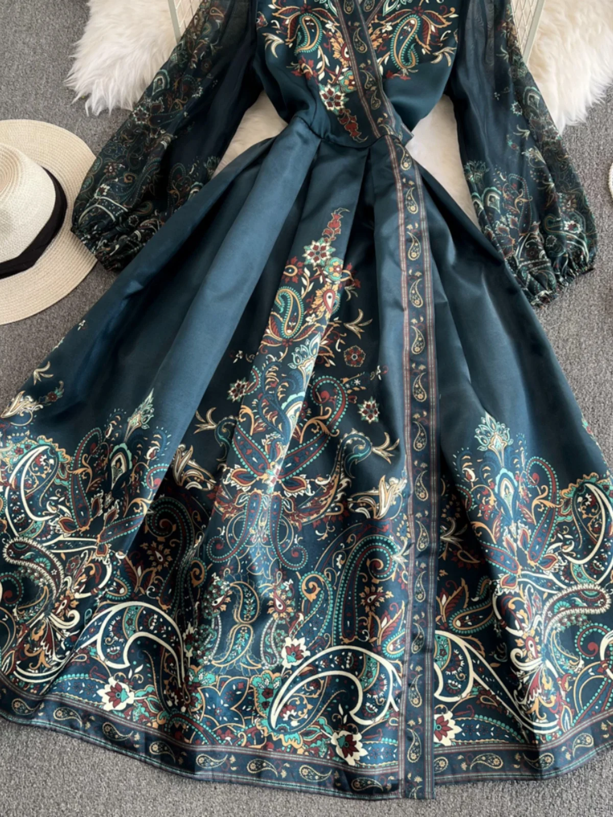 Vintage Court Bubble Long Sleeves V-Neck Waist Cinch Tie A-Line Print Dress  Elegant Full Skirt Gown - AliExpress