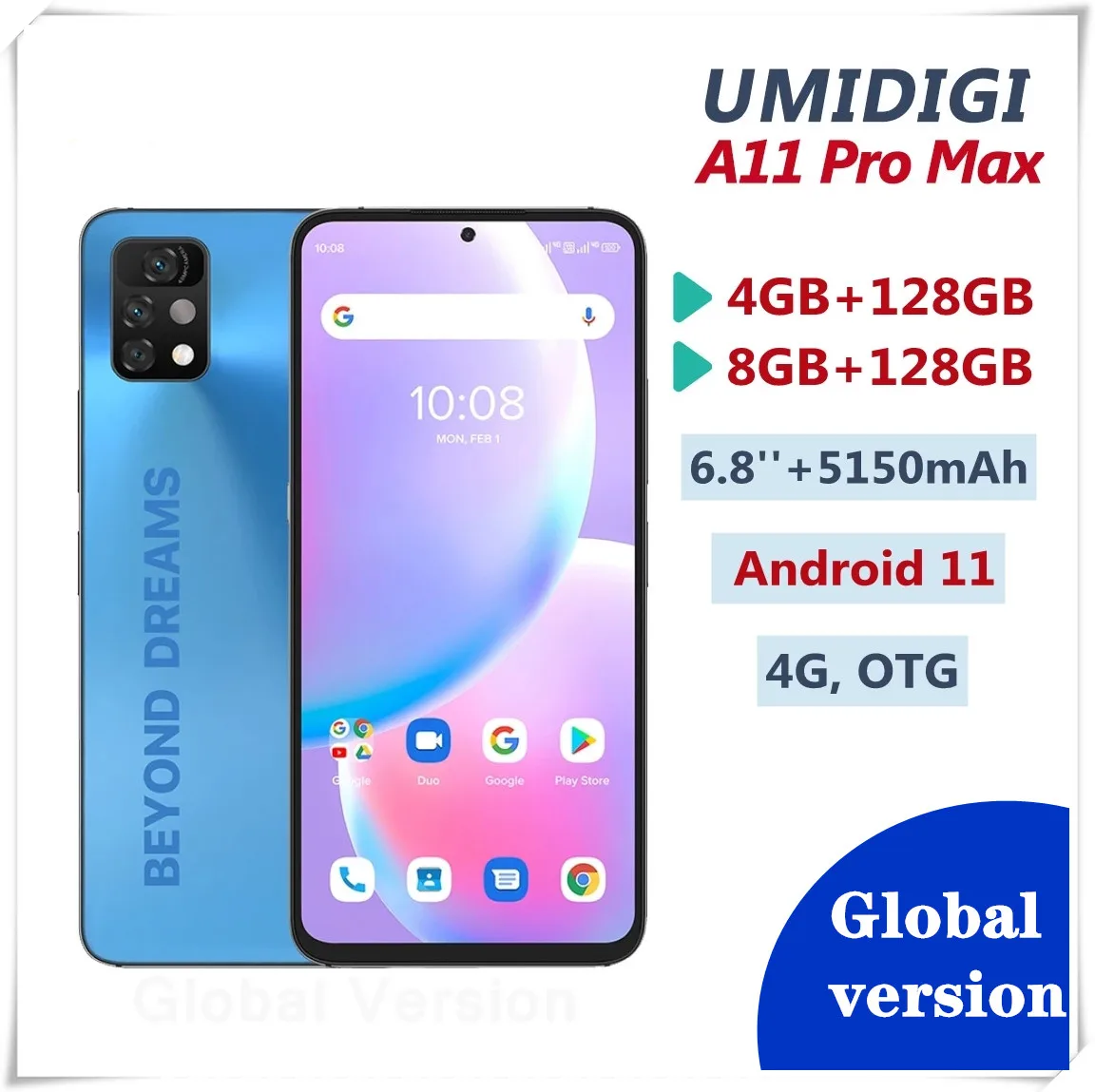 

Global Version UMIDIGI A11 Pro Max Android 11 Smartphone 6.8" FHD+ 4GB/8GB RAM 128GB ROM Helio G80 48MP Triple Camera 5150mAh