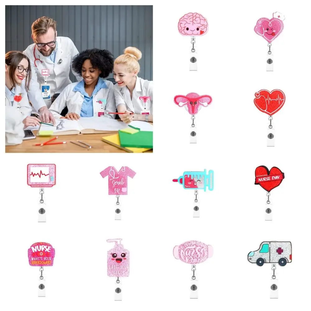 

Glitter Nurse Retractable Badge Reel Acrylic Chill Pill Name Card Holder Love Heart ID Card Clips Hospital Badge Holder Doctor