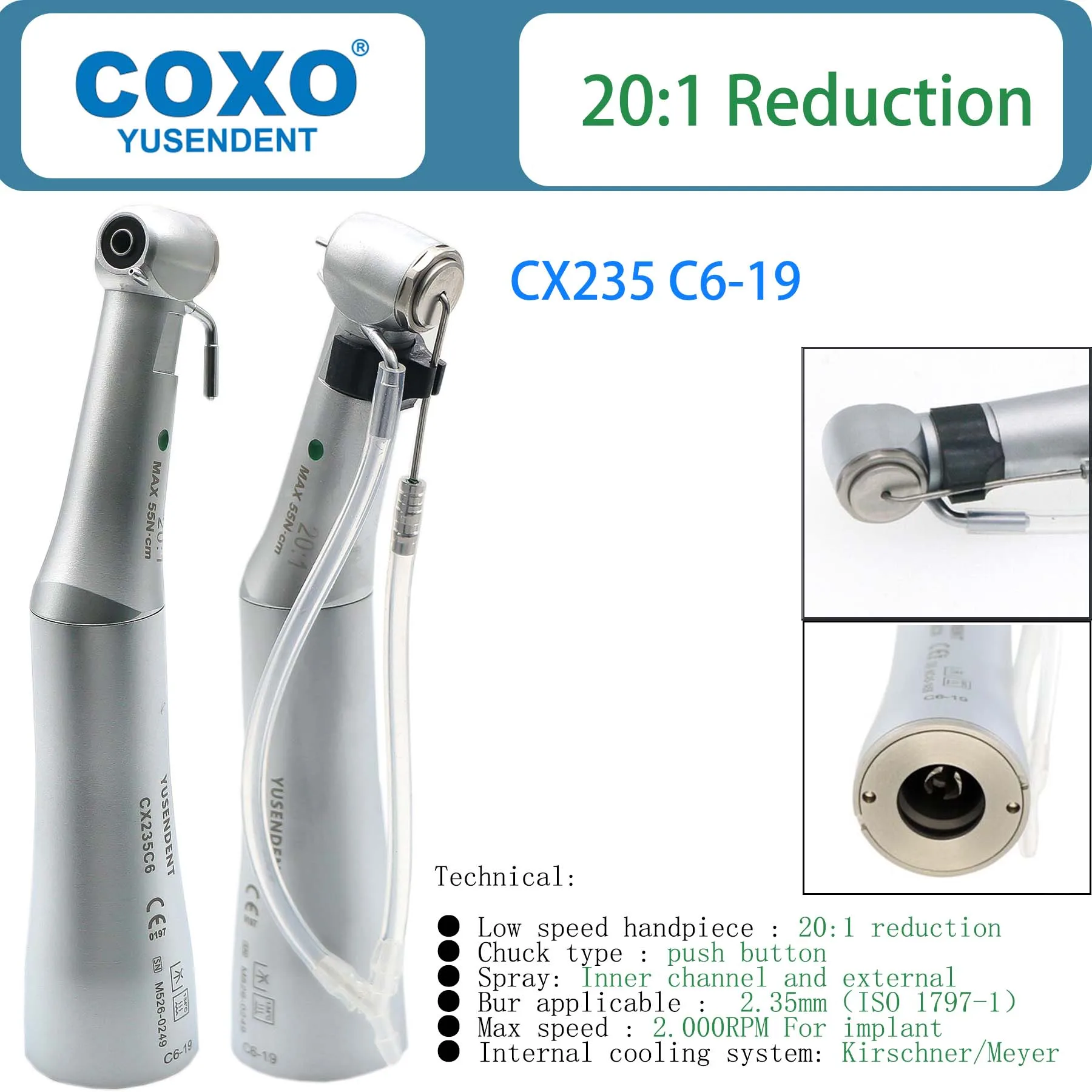 COXO Dental-Handstück 20:1 Winkelstück mit niedriger Drehzahl für Implantate, passend für alle E-Typ-Motoren