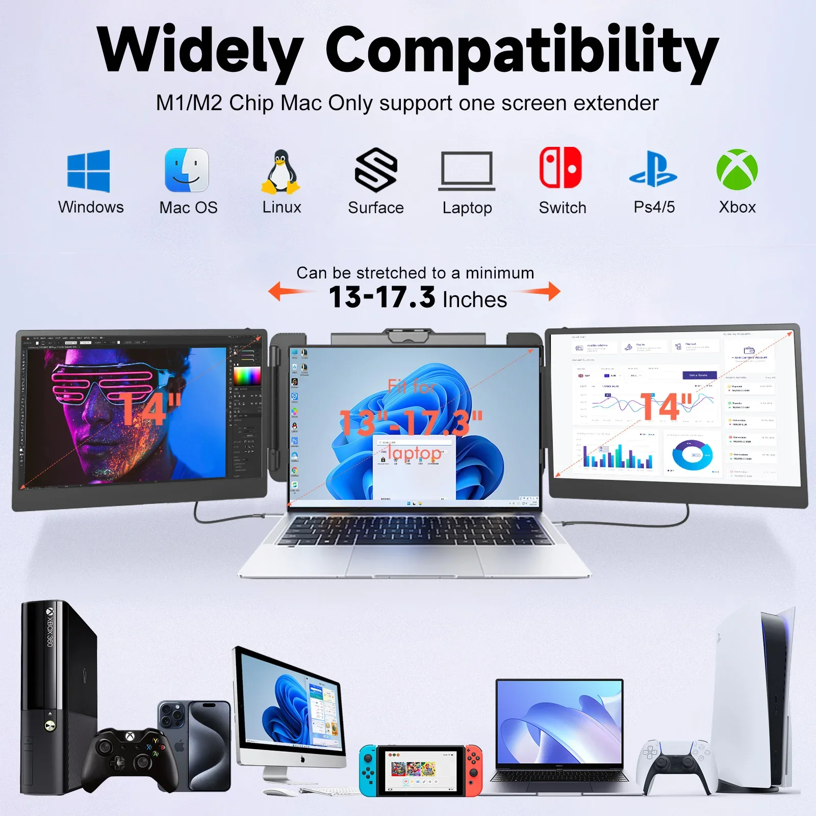 2026 OEM S2 트리플 휴대용 노트북 스크린 확장 모니터 14인치 FHD 1080P IPS 듀얼 스크린 휴대용 모니터 확장기