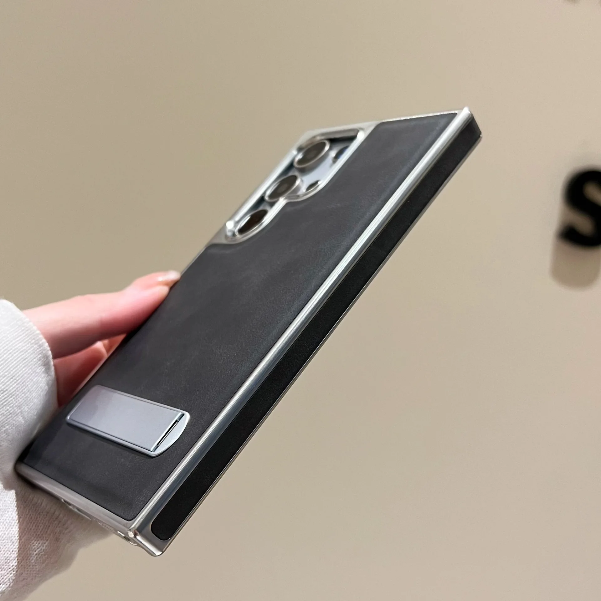 Luxury Leather Electroplating Kickstand Case for Samsung Galaxy S24 Ultra S23 FE S22, Hard Protection Cover, Hidden Stand Conque