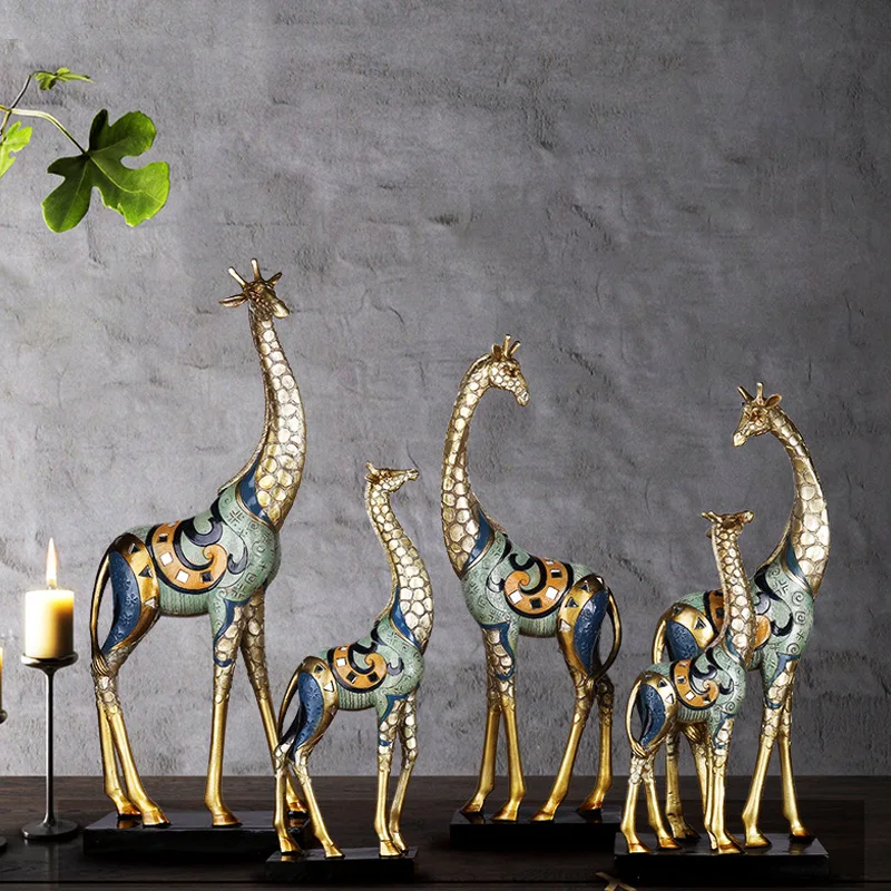 

Simulation Animal Sculpture Giraffe Mother and Child Painted Animal Statue Modern Home Decoration Golden Handicraft Ornaments
