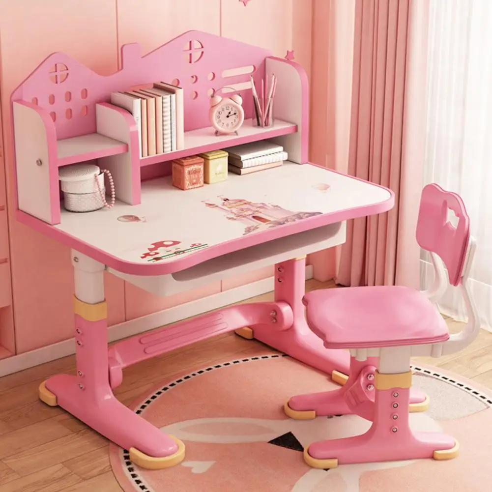 Height Adjustable Kids Functional Desk Chair Set, Children School Study Desk With Castle Backboard, Widened Desktop, (Pink) 2