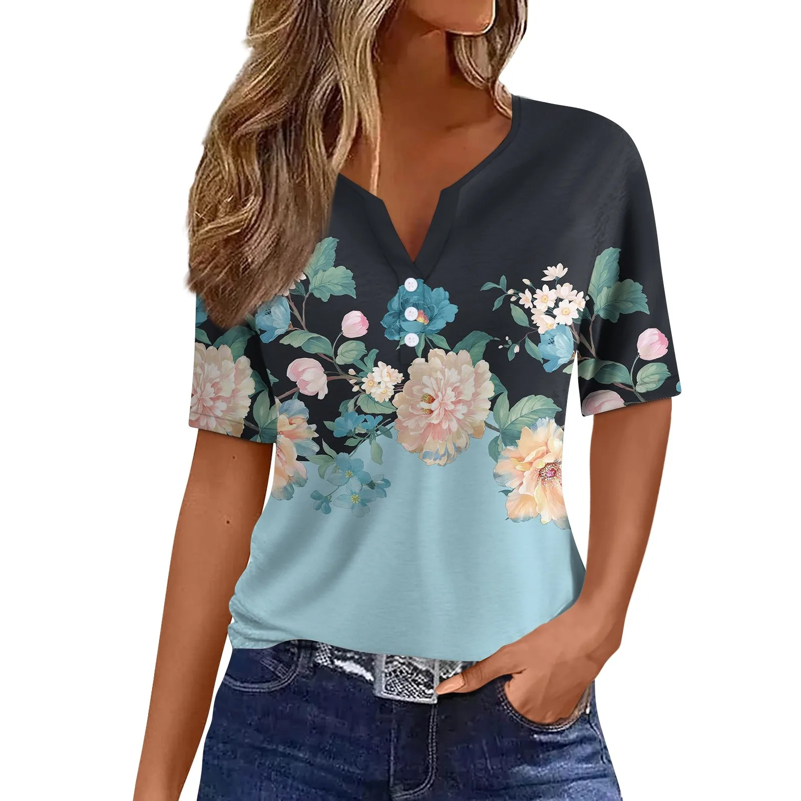 

Women'S T Shirt Tee Print Button Short Sleeve Daily Weekend Fashion Basic V- Neck Regular Top Elegant Dignified топ Y2k New