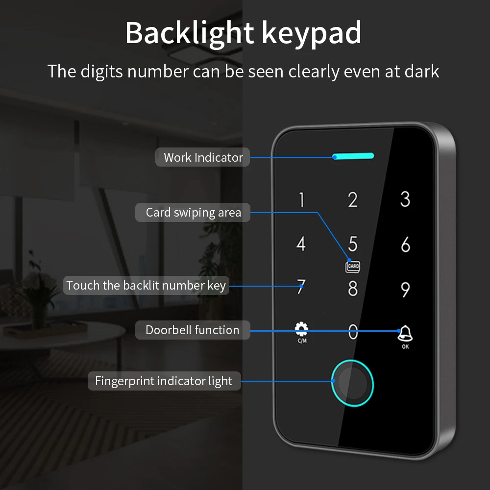 Access Control Keypad Fingerprint Access Control Keypad NFC Bluetooth Tuya APP Backlight Touch 13.56Mhz RFID Keys for Door Lock Opener Wiegand Output Ip66 Watreproof
